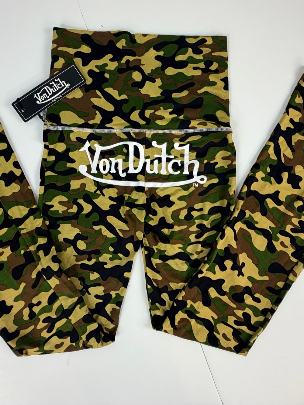 Von Dutch Active flare Fold-Over Waist Leggings yoga pants - Green Camo NWT